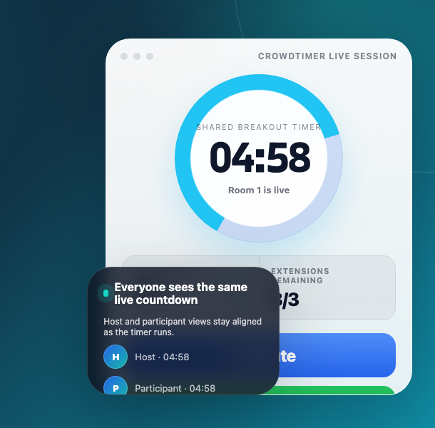 Live CrowdTimer countdown shared between host and participant views